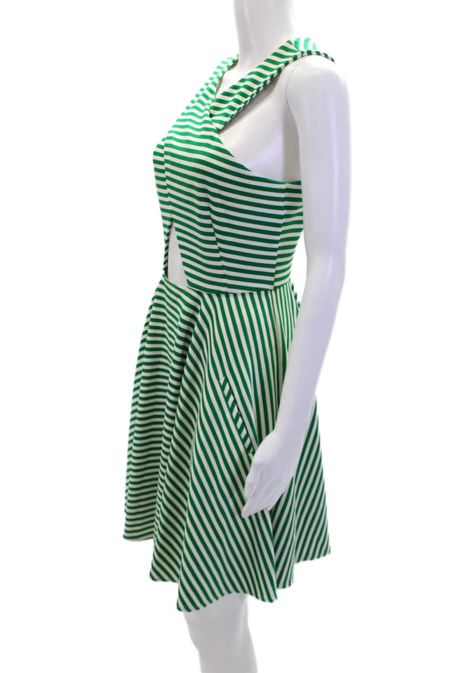 Vestido Rasgado por Ronny Kobo Feminino Listrado Corte Uma Linha Verde Branco Tamanho Médio - Imagem 2 de 4