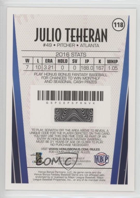 2017 Honus Bonus Fantasy Baseball Game Julio Teheran #118 - Image 2 of 2