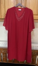 Godske Rasberry Red Pink Chiffon Diamante V Neck Midi Dress UK Size 22 Loose Fit