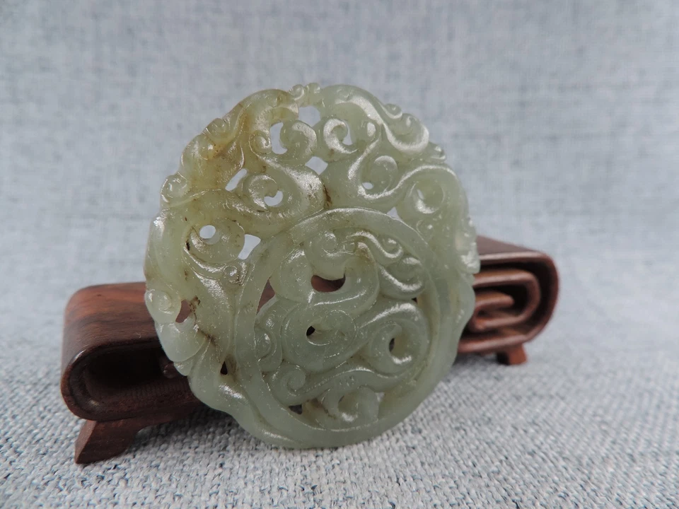 Exquisito Antiguo Jade Hetiano Naturaleza China Tallado a Mano Patrón de la Suerte Peadant Foto 4 de 4