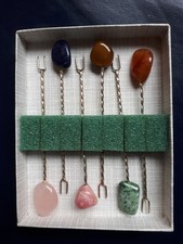 Set von 6  Silber‑Cocktailpicker, gedrehter Stiel, echte Edelsteine