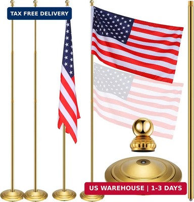 Threan 2 Sets Indoor Telescoping Flag Pole with Base Gold Ball Top Stainless Ste