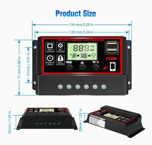 30A/100A Solar Panel Battery Charge Controller 12V/24V LCD Regulator Auto w/ USB - Picture 6 of 16
