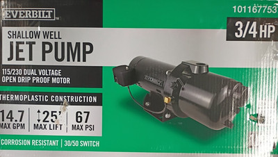 HDSWJ7P Everbilt Shallow Well Jet Pump Plastic 3/4HP For Parts READ