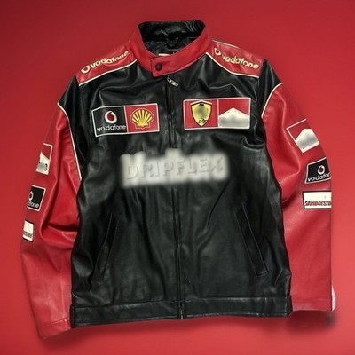90 s Marlboro Embroidered Vintage Red Ferrari F1 Racing Leather Motorbike Jacket