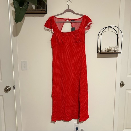 NWT Wild Fable Rose Red & White Polka Dot Open Back Midi Dress Size Large