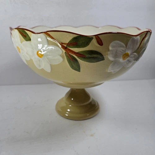 Stangl White Dogwood Pedestal Fruit Bowl Compote Hand Painted USA 11in Vintage