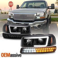 For 99-06 GMC Yukon Sierra Black LED Tube Projector Headlight + LED Bumper Light