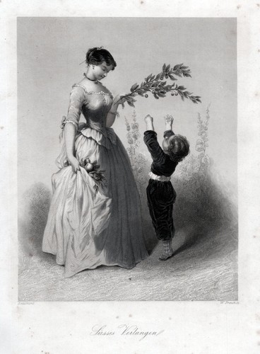 Sweet craving. Original steel engraving, engraved by French around 1850