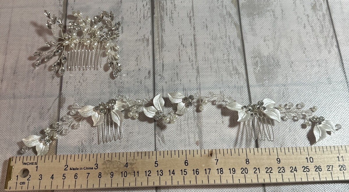 White Flower Hair Piece Bridal Pearl Silver Leaf Floral Hair Vine Accessory for Delicate bridal hair vine, accessory, headpiece - Dainty  main image 2