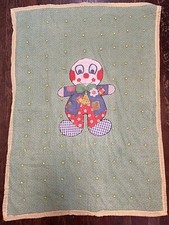 Vtg Kids Clown Green Yellow Quilt Handmade Blanket Crib 40.5  x 53.5  Good Shape
