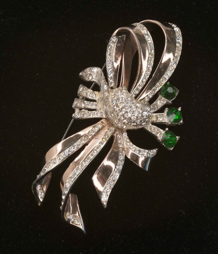 Coro Craft 1940's Sterling Flower Bouquet Brooch & Swarovski Clear Green Stones