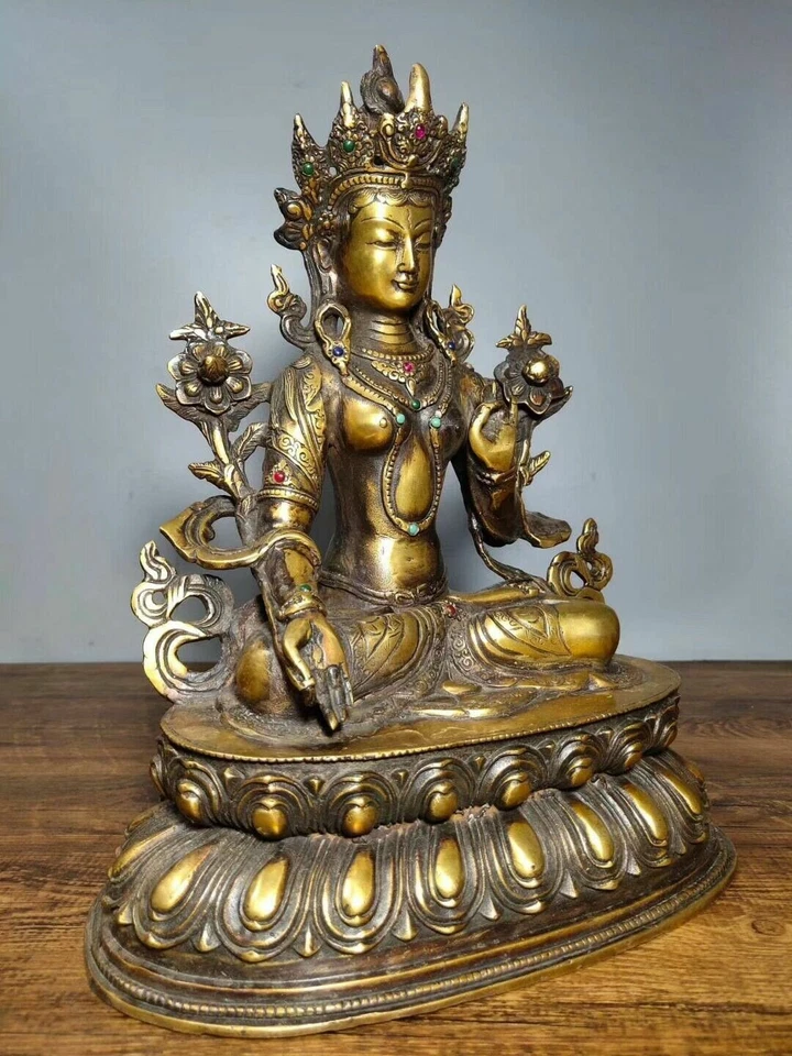 Antiguo Tíbet Bronce Incrustación Gema 7 Ojos Blanco Tara Espíritu de Compasión Diosa Estatua Foto 4 de 4