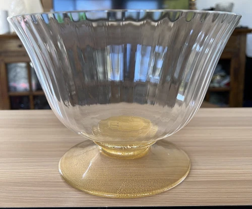 Murano Optic Rib Gold Flecked Glass Console Bowl w/ Adventurine Moretti Vintage!