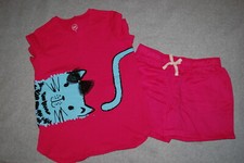 Girls Outfit KITTY CAT T-SHIRT Pink Blue TULLE BOW Casual Woven Shorts S M L XL