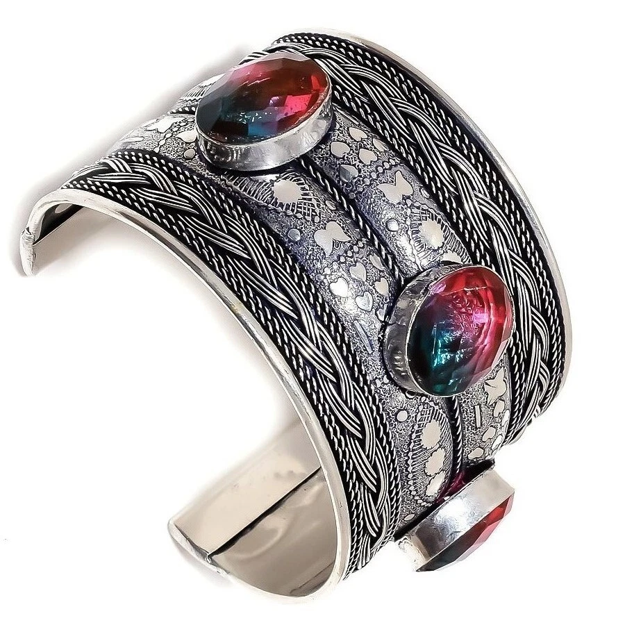 Bi-Color Tourmaline Gemstone 925 Sterling Silver Handmade Jewelry Cuff Adj. - Image 2 of 4