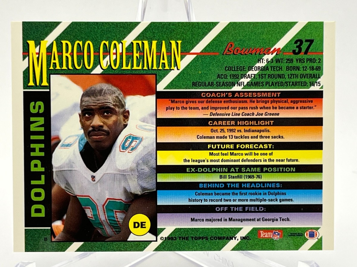1993 Bowman NFL Football Card #37 Marco Coleman DE #90 Miami 1993 Bowman NFL Football Card #37 Marco Coleman DE #90 Miami