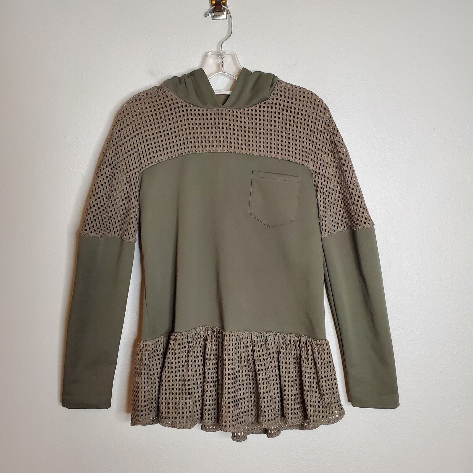 Thakoon Mesh Panel Hooded Sweatshirt Olive Green Size 4 Eyelet Peplum Sporty