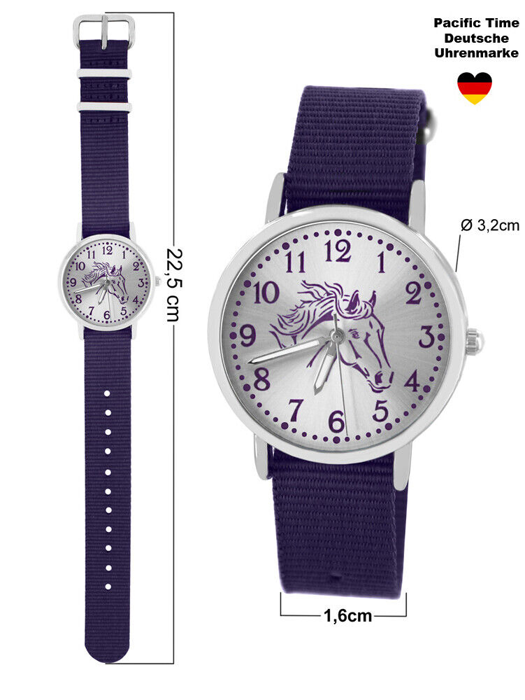 Armbanduhr Kinder Mädchen Pferd violett Kette Ohrringe 925er Silber analog Quarz