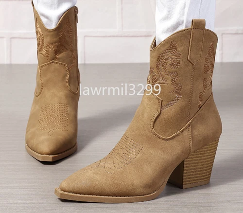 Cowboy Boots Mid Calf Shoes Ladies Zip Heel Western Faux Leather Womens Size UK - Picture 11 of 19
