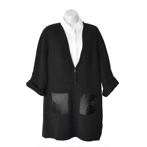 Elie Tahari 羊绒羊毛和小腿毛皮束腰外衣套衫 3/4 袖毛衣尺寸 sm — 第 3/4 张图片