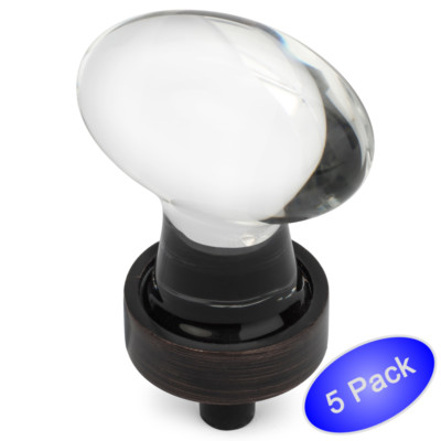 *5 Pack* Cosmas Oil Rubbed Bronze & Clear Glass Oval Cabinet Knob #6594ORB-C