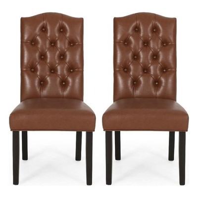 Elona Dining Chair Set of 2- Crown Top- Brown Tufted Faux Leather