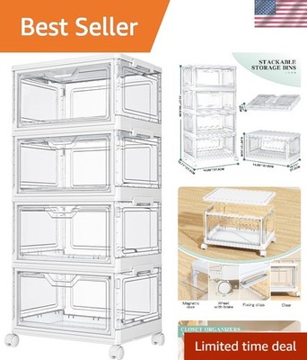 Stylish Stackable Storage Solutions - 4 Clear Bins with Magnetic Closure, Wheels