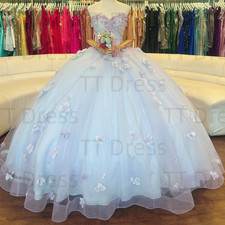 Sky Blue Quinceanera Dresses 3D Flowers Off Shoulder Birthday Party Ball Gowns