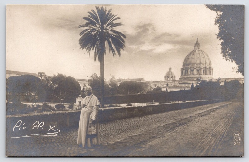 Pope Pius X Strolls Vatican Gardens on Setts Road~RPPC~St Peter's Basilica Dome