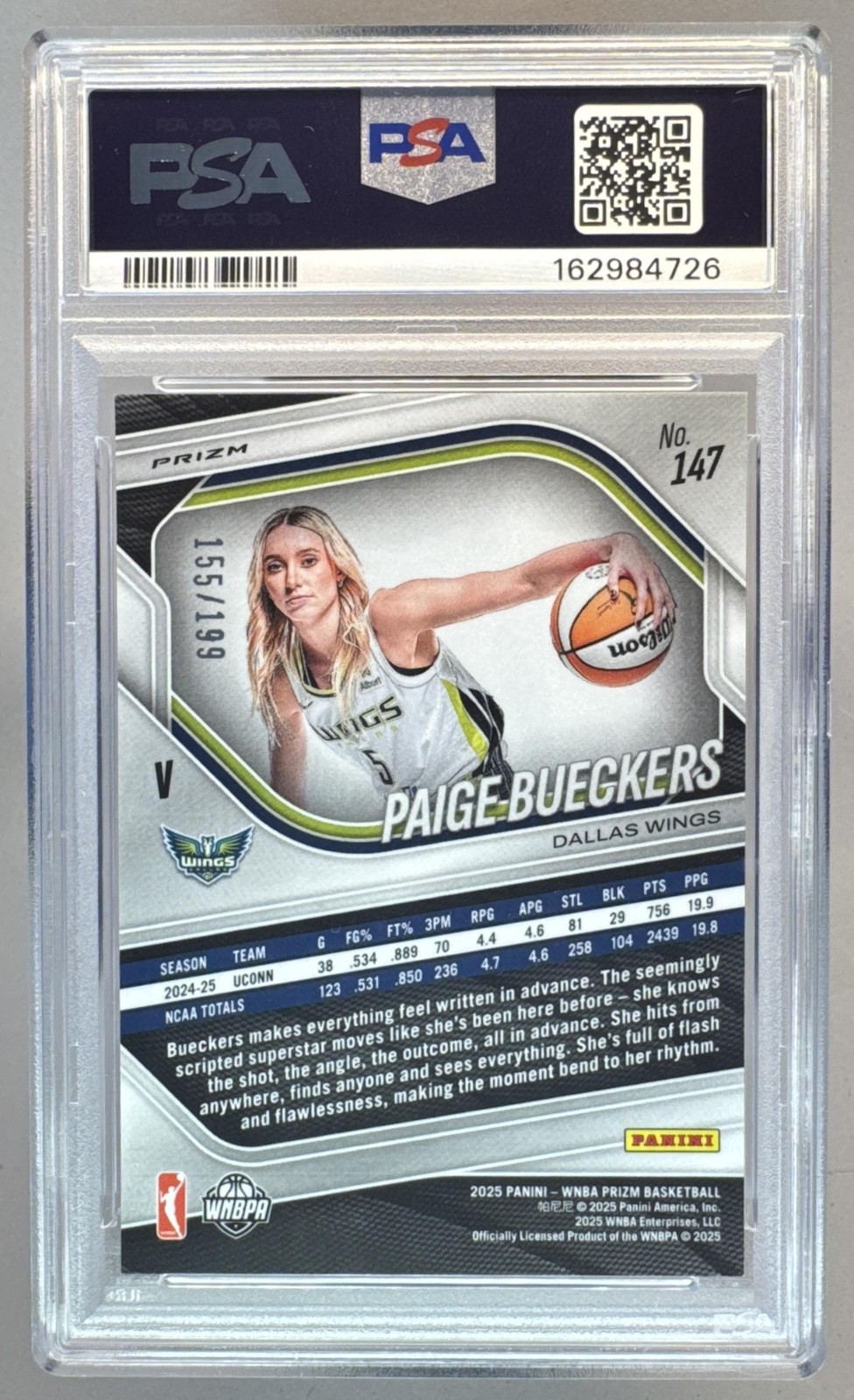 162984726 Paige Bueckers 2025 Panini WNBA Prizm #147 Blue Rookie RC /199 PSA 9 view 2