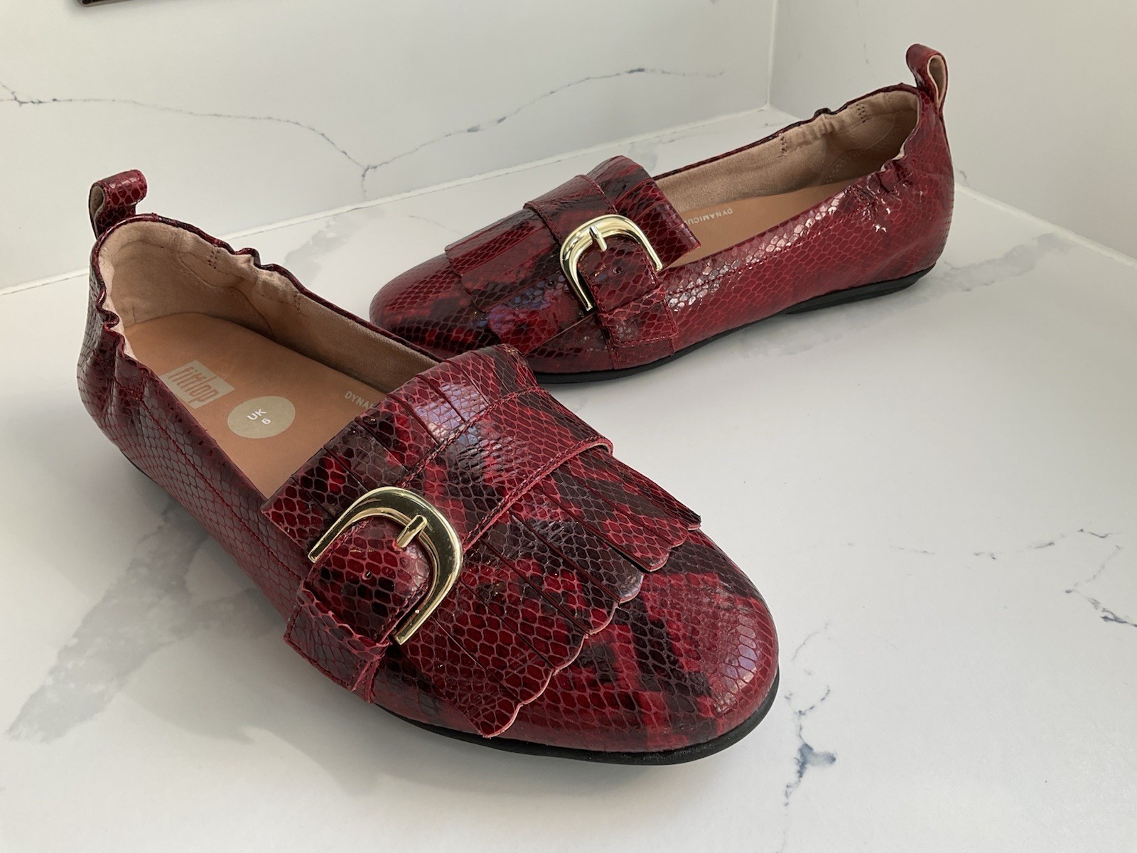 Bailarina Fitflop Allegro Zapatos Planos Cuero Rojo Estampado Serpiente Borla Flecos Reino Unido 6