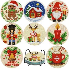 8 Pcs Christmas Diamond Art Coasters Kit with Holder, Xmas Small Diamond Art Kit
