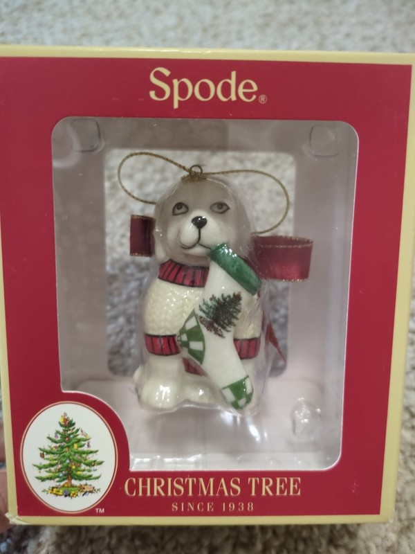Discontinued Spode SWEATER DOG WITH STOCKING Puppy Christmas Tree Ornament 
