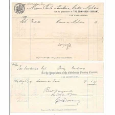EDINBURGH EVENING COURANT 2 x Advertising Receipts 1869 & 1873
