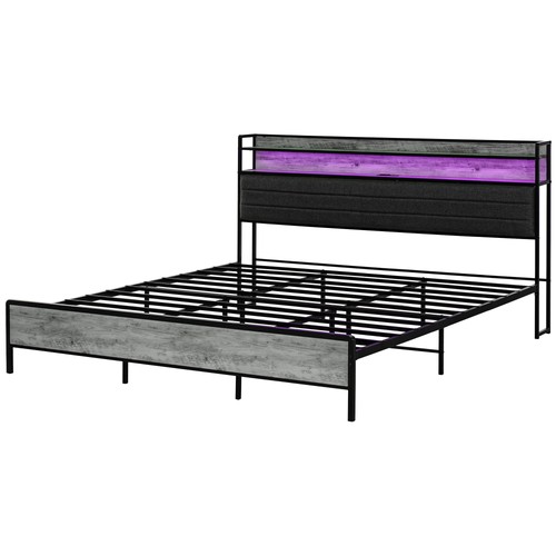 LED King Size Bed Frame with Headboard Charging Station, Cement Gray - Picture 4 of 11