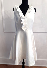 Ted Baker Size 4 L Ivory Ruffle V-Neck Fit Flare Dress Knee Length No Belt EUC