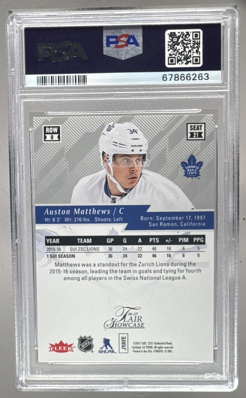 67866263 Auston Matthews 2016 Fleer Showcase #21 Flair Rookie RC PSA 9 view 2