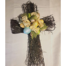 Easter Hanging Wall Cross 19" Wire Back Twig Vine Glittery Eggs Yellow Bow