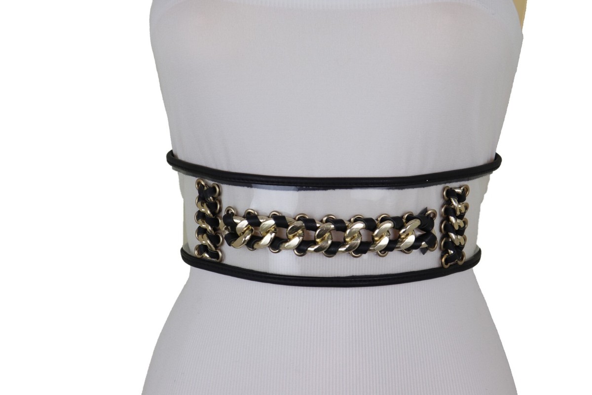 Women Wide Black Elastic Band Fashion Belt Gold Color Metal  display picture 3
