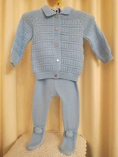 Vintage 70s Blue Two Piece Knit Jacket Cardigan and Pants Baby Suit Winter Set