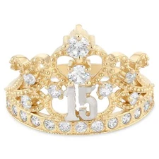 Ioka - 14K Solid Yellow Gold CZ 15 Years Quinceanera Birthday Crown Ring