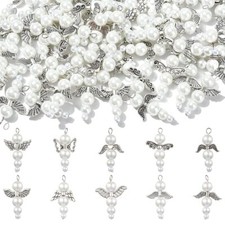 60pcs White Angle Acrylic Pearl Charms with Antique Silver Wings Charms for DIY