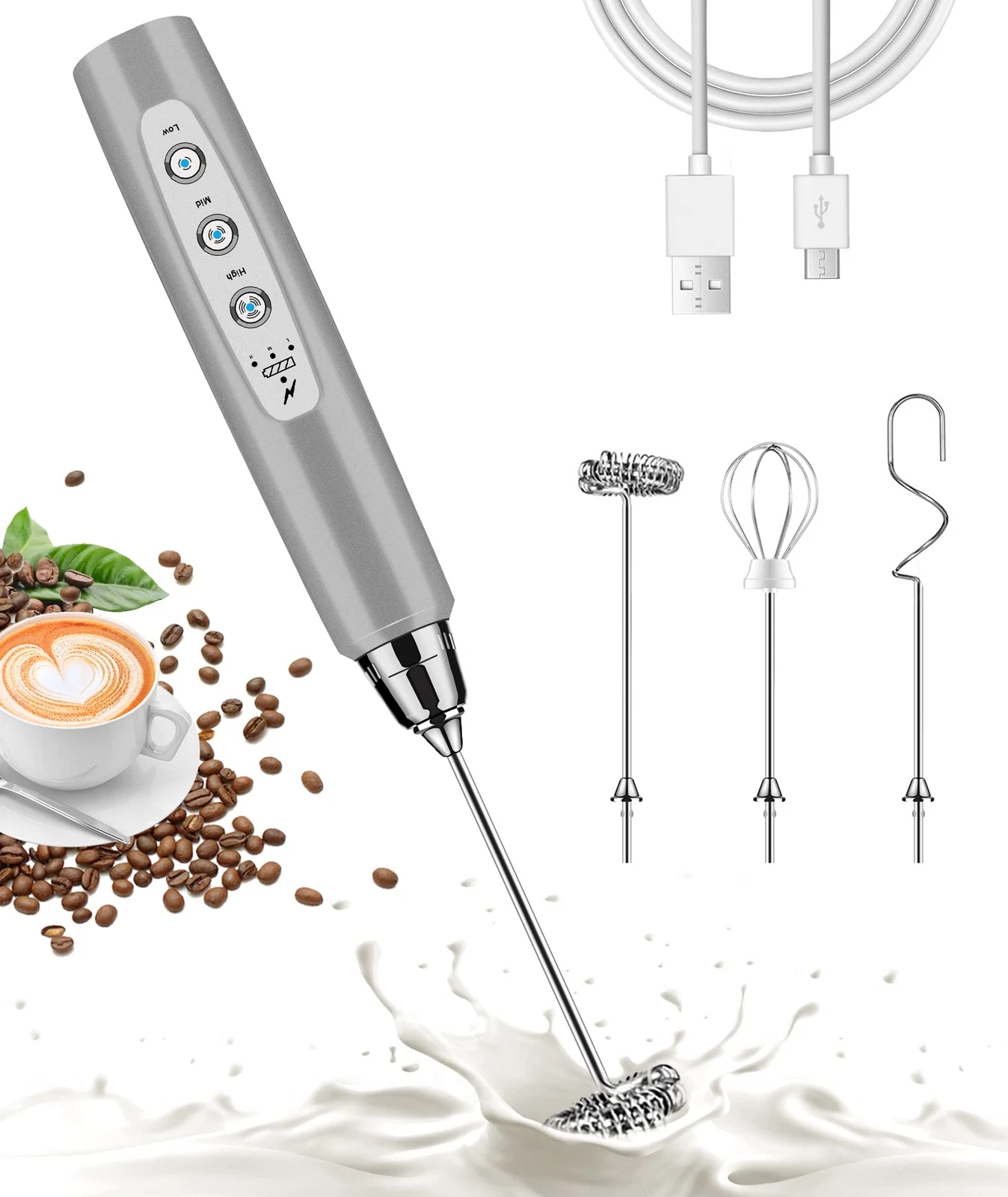 Handheld Milk Frother for Coffee Rechargeable Electric Whisk with 3 Heads 3 S...