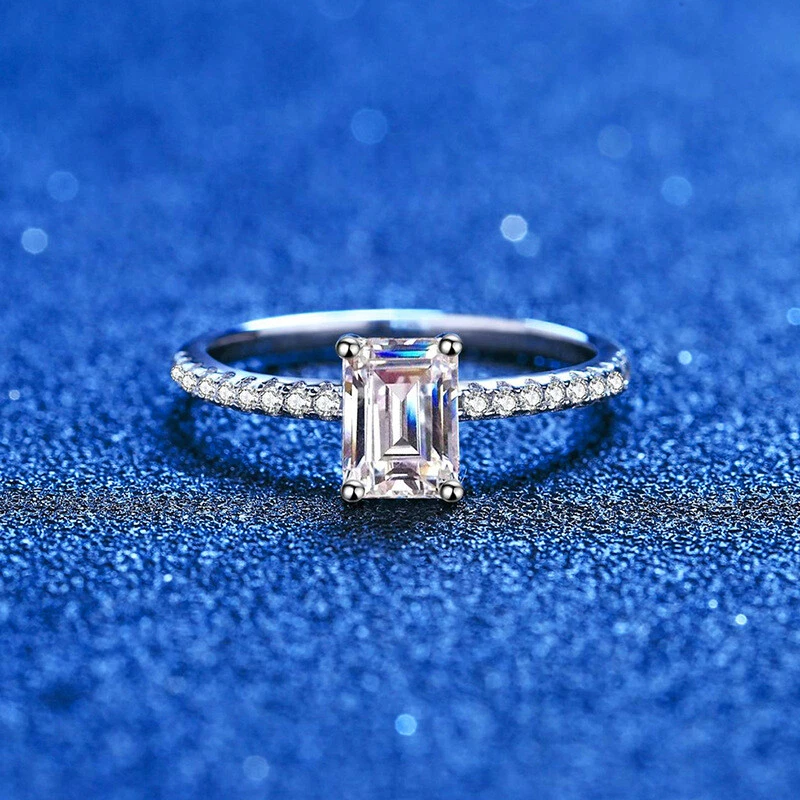 1ct Emerald/Radiant Cut Simulated Moissanite Wedding Ring Women 925 Silver Gift - Image 3 of 4