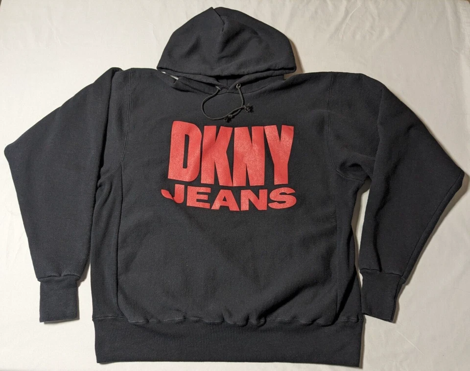 DE COLECCIÓN DKNY JEANS Hombres Talla Única Negro LOGOTIPO HECHIZO Pullover Sudadera con Capucha Hecho en EE. UU. Foto 2 de 4