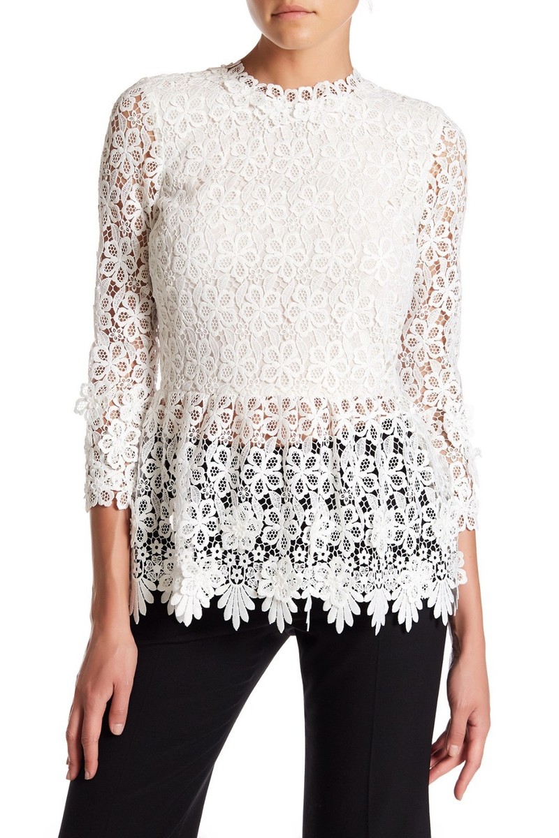 Blouse Oscar De La Renta Années 90 - Dentelle Crochet, Peplum Et Boutons Pression - Blanche Taille 4-6 - Neuf Avec étiquettes