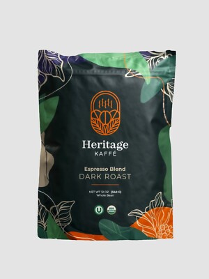 Heritage Kaffé, Robusta Whole Bean, Espresso Dark Roast, Organic, Kosher 12oz