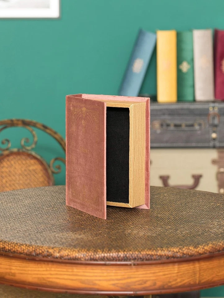 Antique Brown Book Box - Stackable Wooden Trinket Storage with Fabric Lining - Image 4 of 4