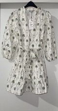 ZARA ECRU FLORAL PRINT SLOT COLLAR BELTED VOLUMINOUS HEM COTTON DRESS SIZE S NEW